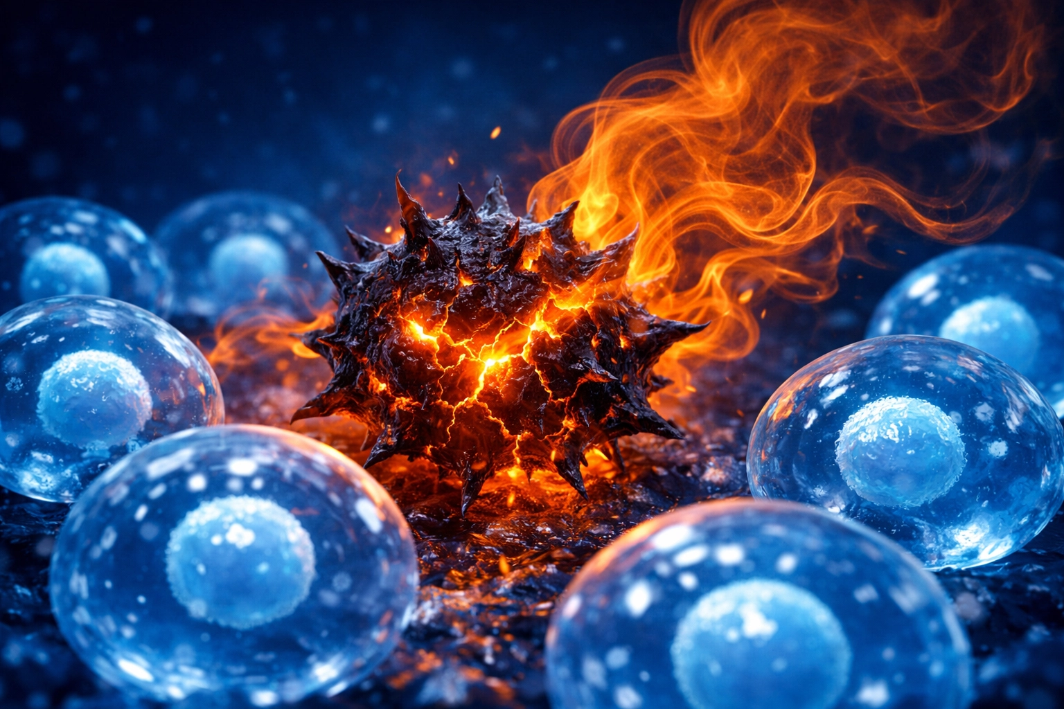 Microscopic visualization of a zombie senescent cell releasing inflammatory SASP signals to nearby healthy cells.