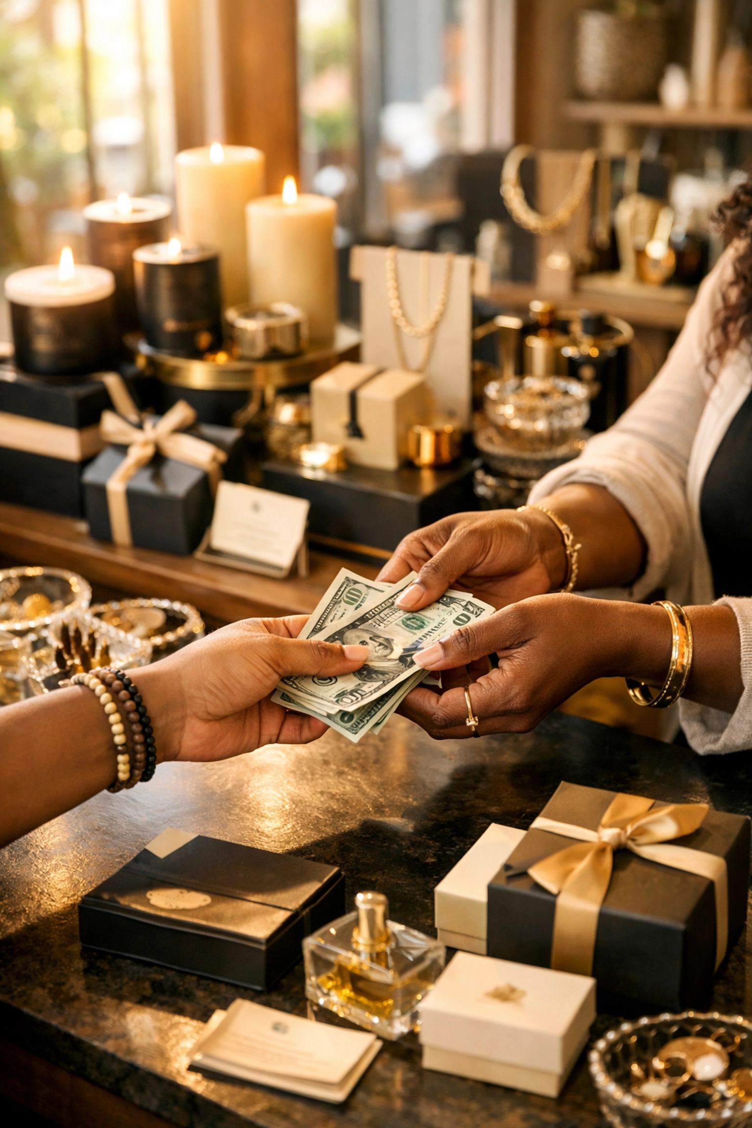 Customer shopping at Black-owned boutique with candles and jewelry supporting local economy