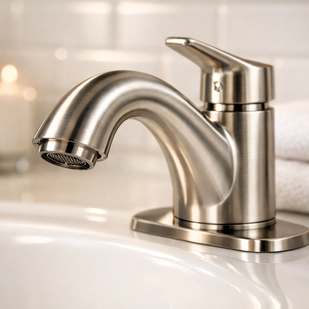 Spotless chrome bathroom faucet and porcelain sink showing high-quality move-in cleaning standards.