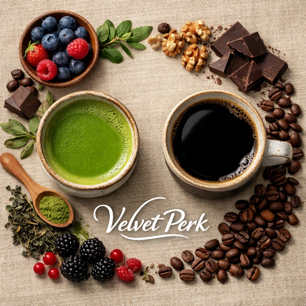 Matcha vs. Coffee: Which Is Better for Your Morning Ritual? Matcha and coffee with antioxidant-rich berries, nuts, and wellness ingredients for morning health
