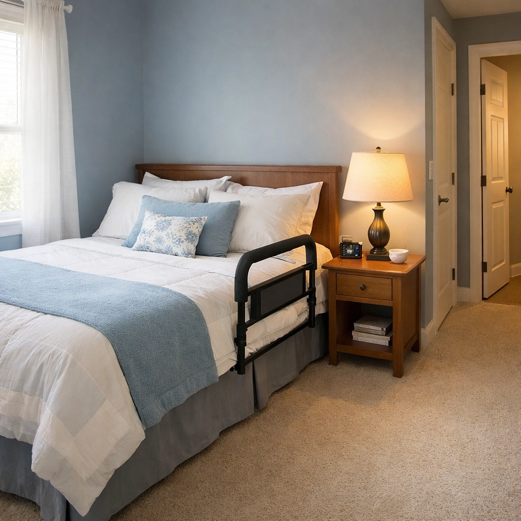 Senior-safe bedroom with bed rail, accessible lamp, and clear pathway