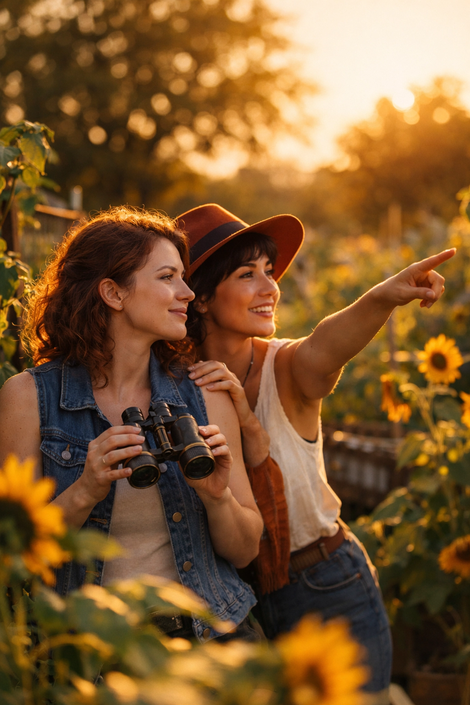 Two lesbian women birdwatching in a sunny community garden, discovering new queer hobby ideas.