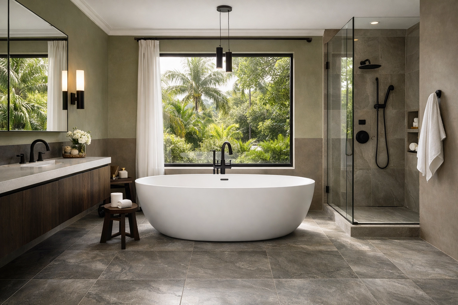 Luxury bathroom renovation Orlando featuring a freestanding white tub and modern matte black fixtures.