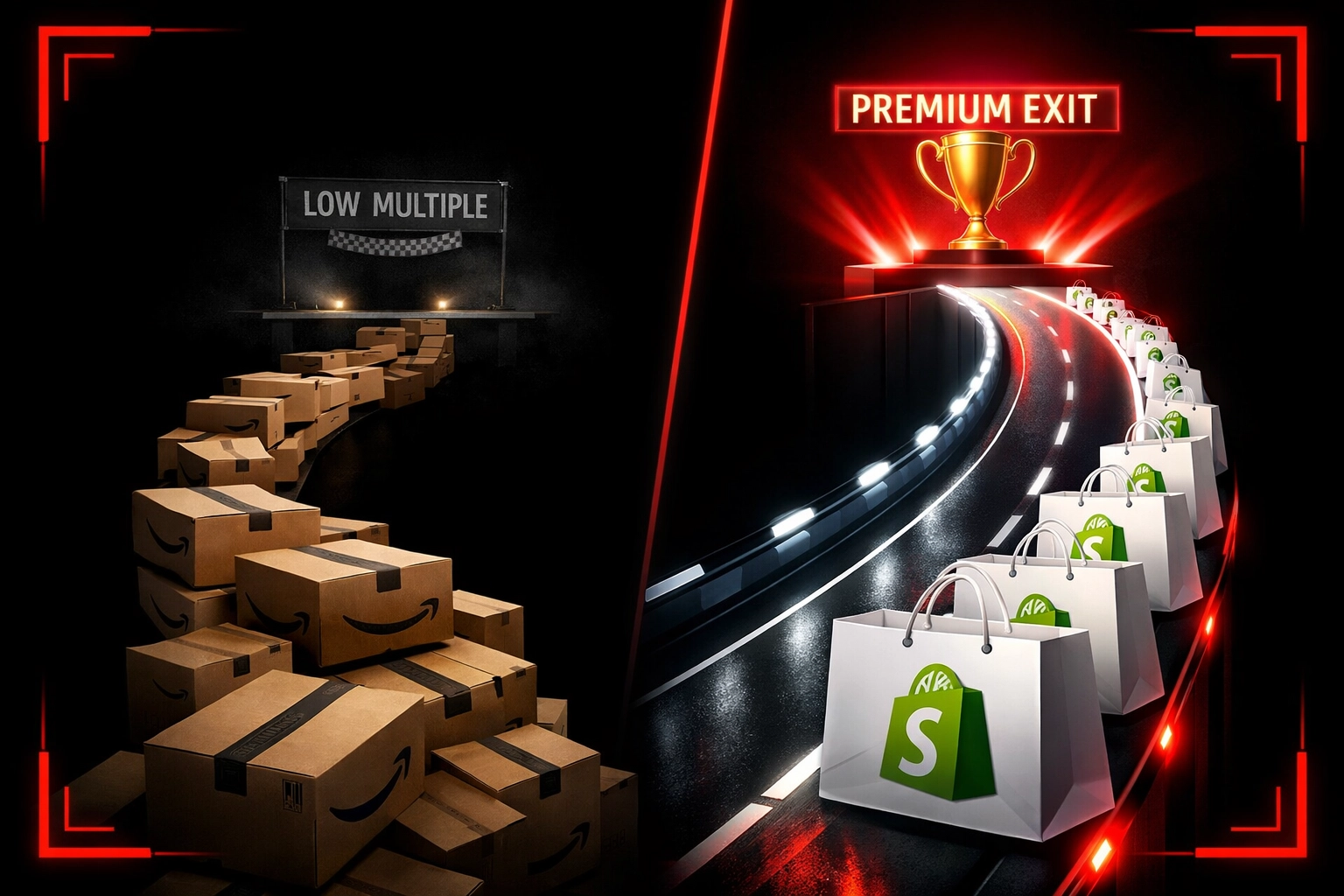Amazon FBA vs Shopify exit strategy valuation comparison showing premium multiples advantage