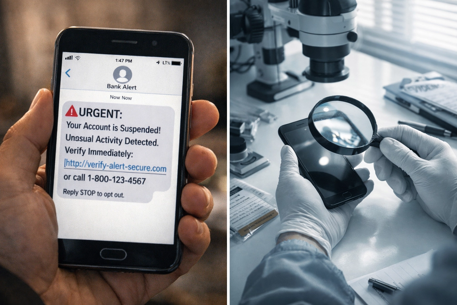 Professional investigator examining fraudulent text message with forensic equipment