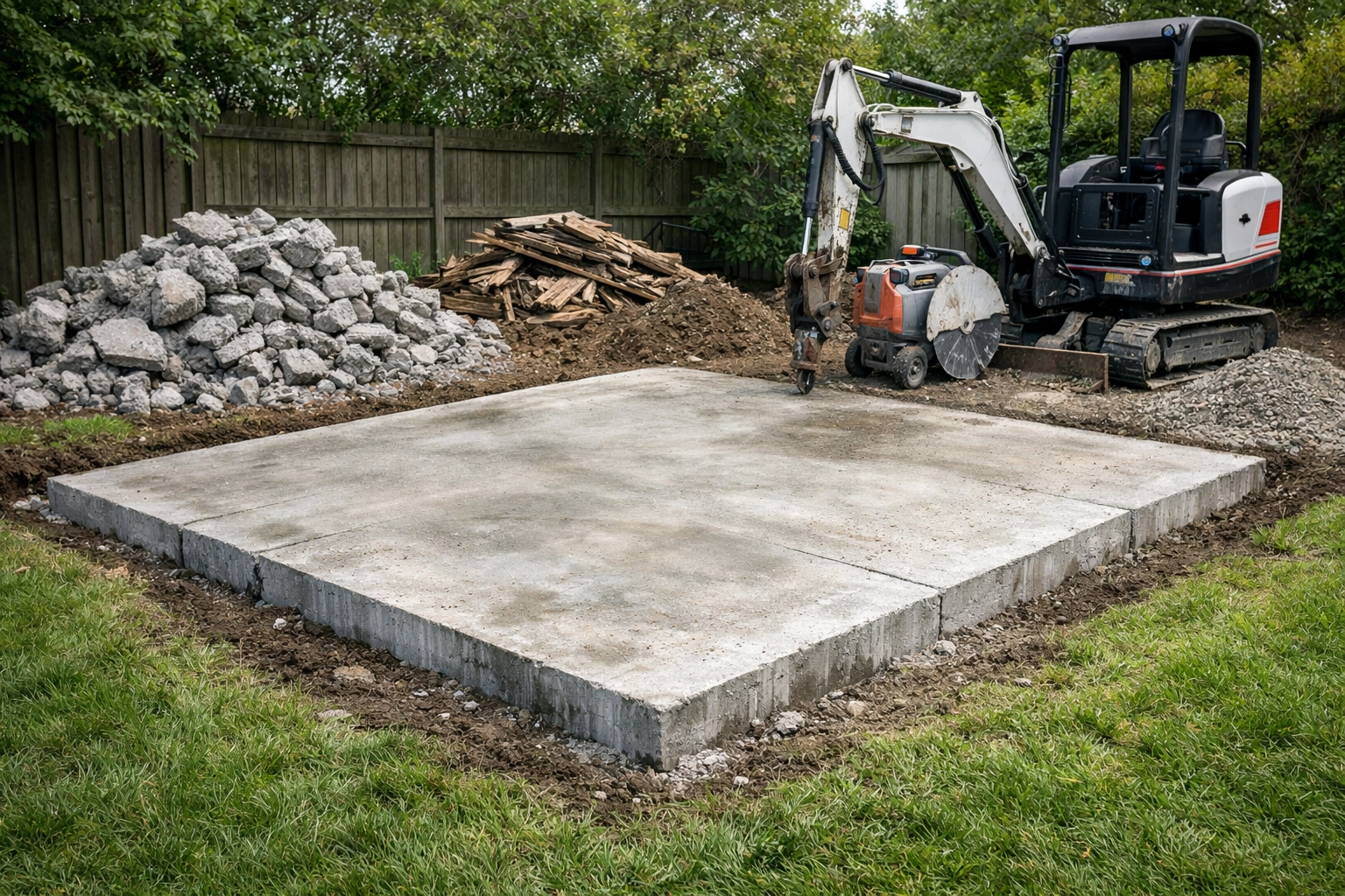 Concrete slab foundation after shed demolition in Delaware County residential yard