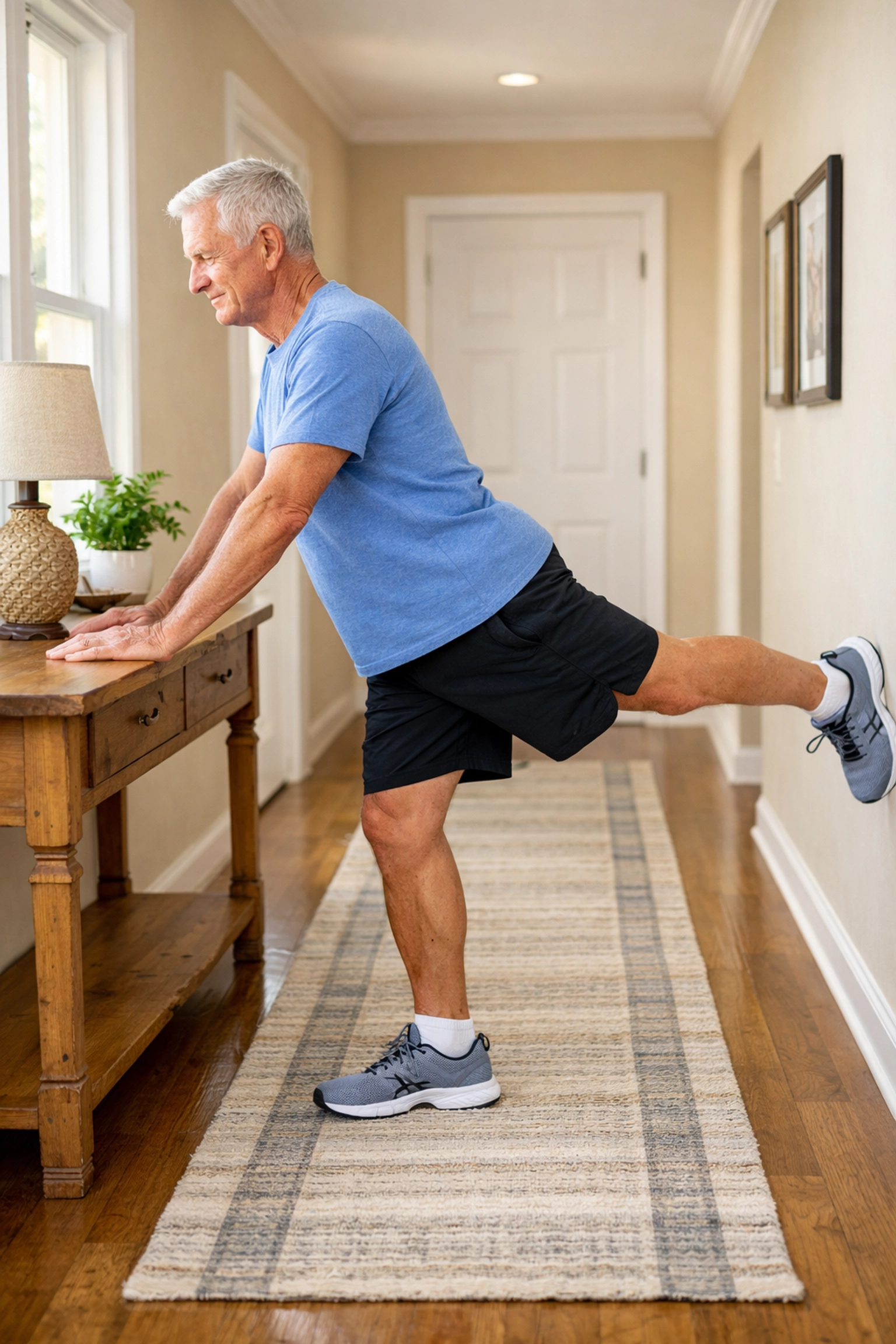 Senior man doing standing back leg raise for fall prevention and balance improvement