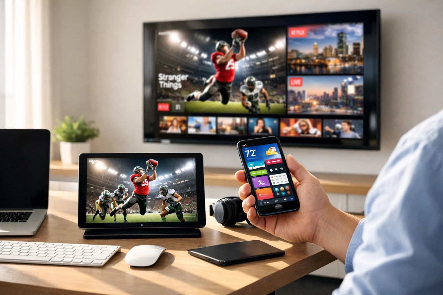 Professional home office illustrating multi-screen sports media consumption on a smartphone, tablet, and smart TV.