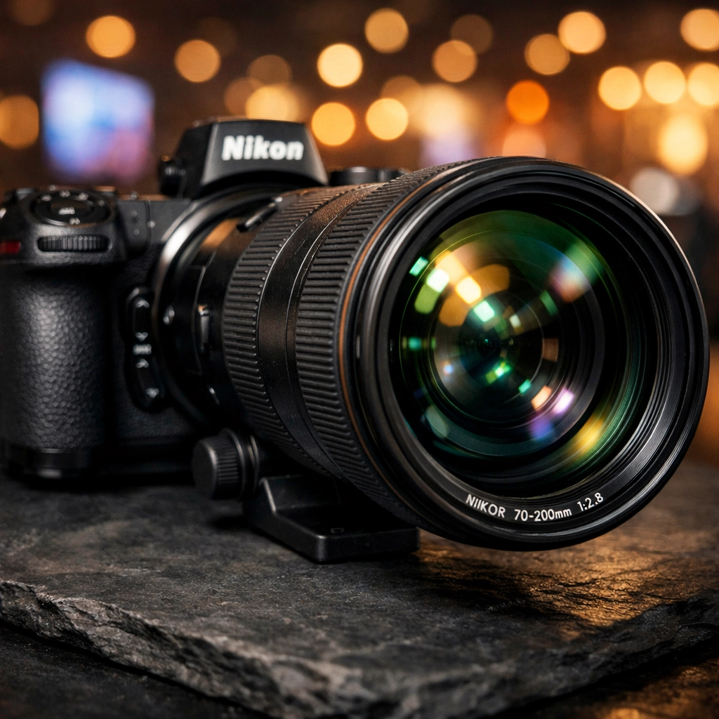 Close-up of a 70-200mm lens used by a Miami event photographer to capture speakers at a corporate conference.