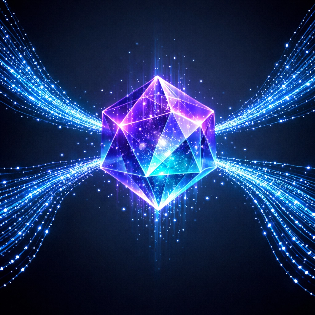 Glowing AI core integrating multi-channel business communication across SMS, email, and phone.