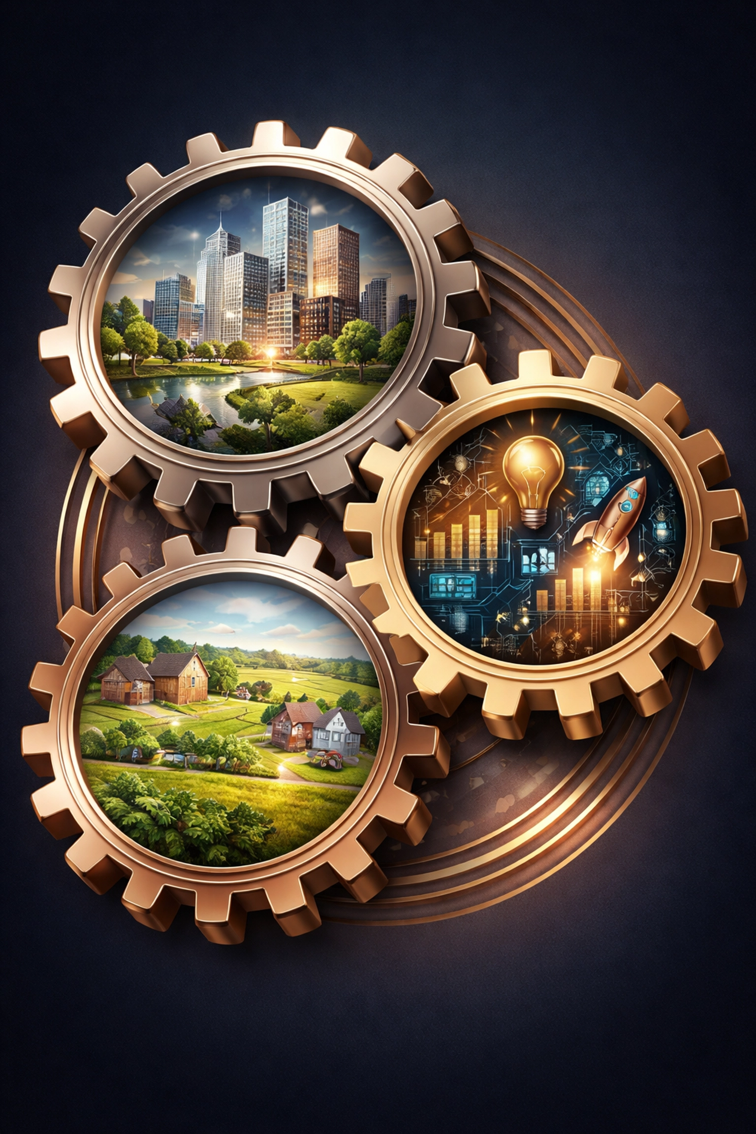Interconnected gears with city, farmland, and digital scenes illustrate harmonized assets in the 40/30/30 investment strategy