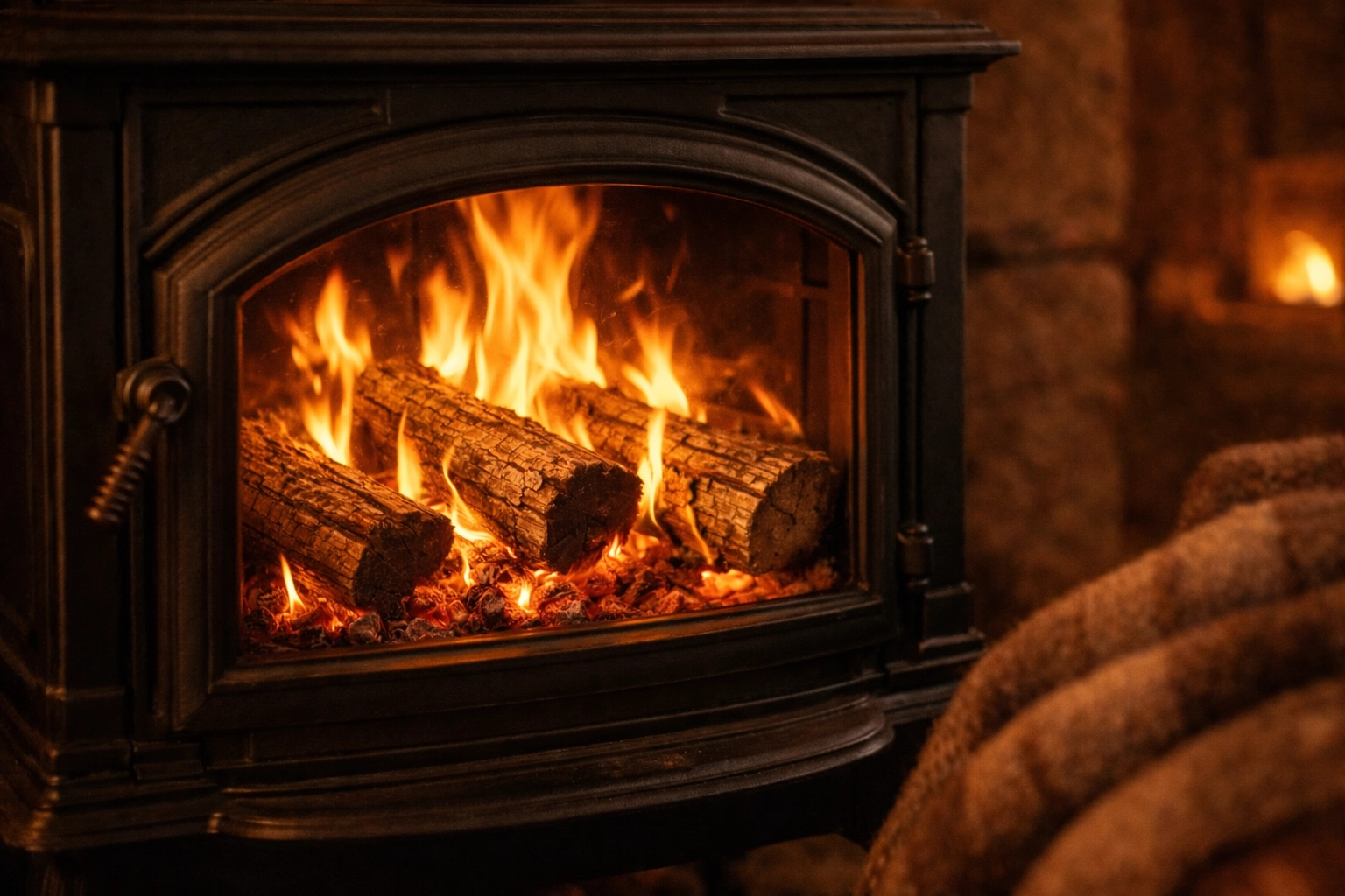 Seasoned oak logs burning cleanly in a rustic wood stove for cozy home heating.
