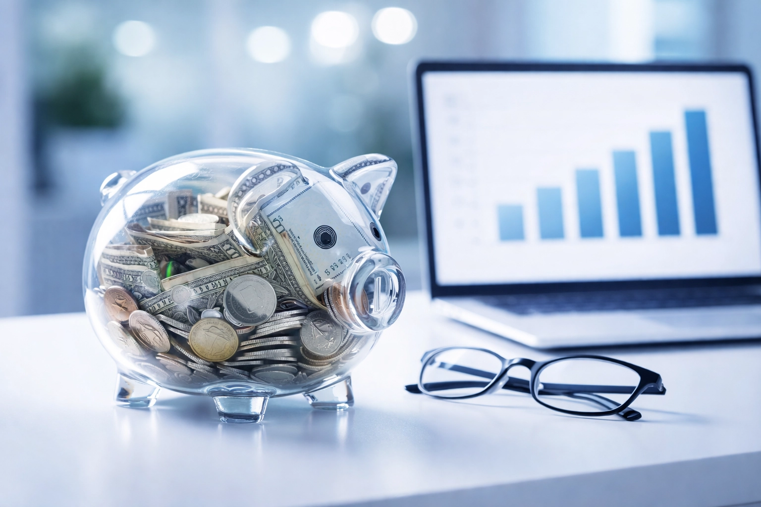 Transparent glass piggy bank filled with coins and bills next to a laptop, symbolizing clear and transparent credit card processing pricing.