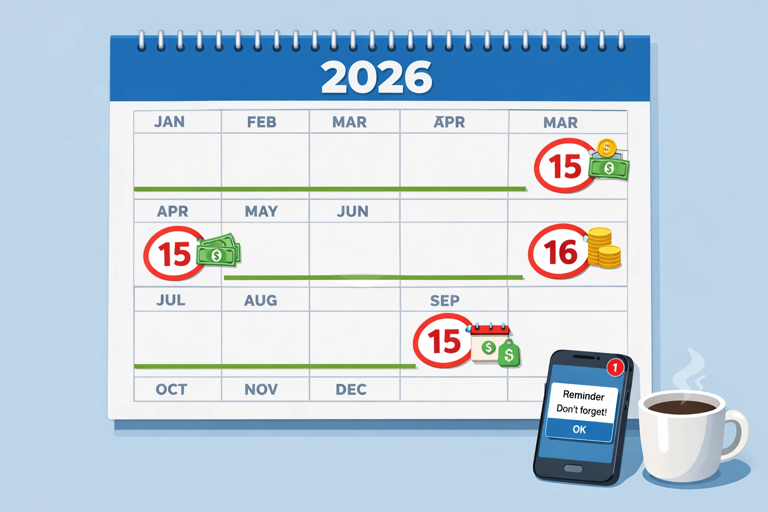 2026 quarterly estimated tax payment deadlines marked on calendar