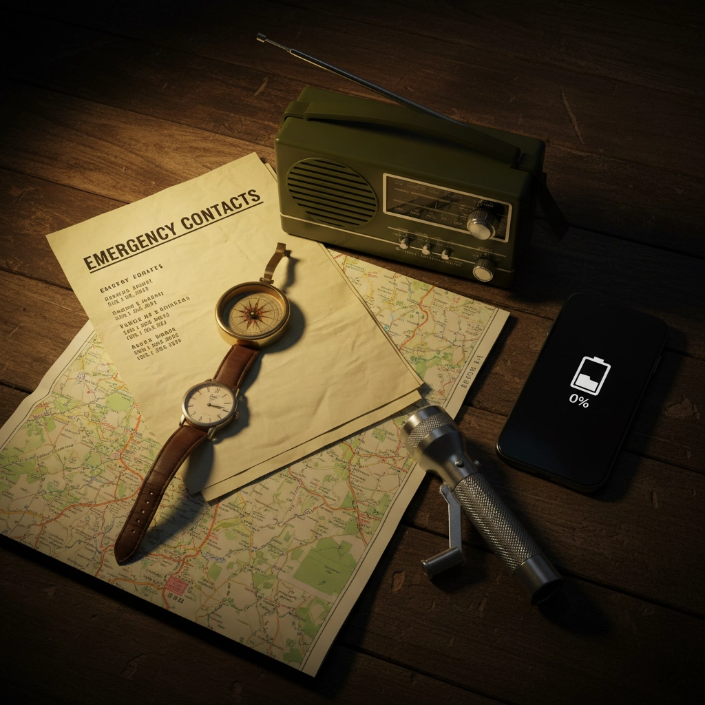 A photo of a dimly-lit desk that has a emergency radio, a phone displaying a 0% charge, a silver flashlight, a map, a list of emergency contacts, a watch, and compass. 
7 Mistakes Single Moms Make with Emergency Kits (and How to Fix Them Fast)