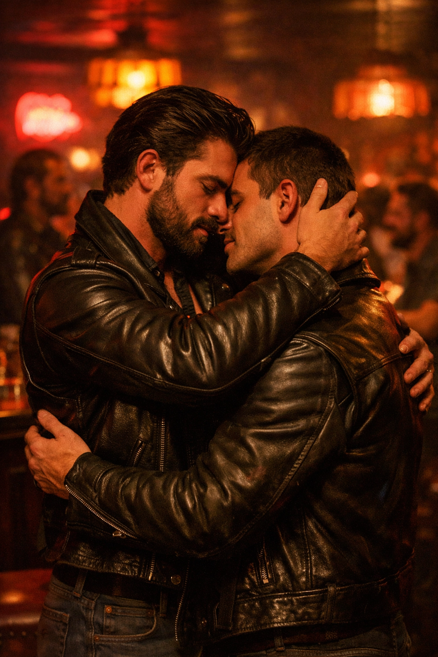 Two men embracing in 1970s Amsterdam gay bar, representing LGBTQ+ liberation and community