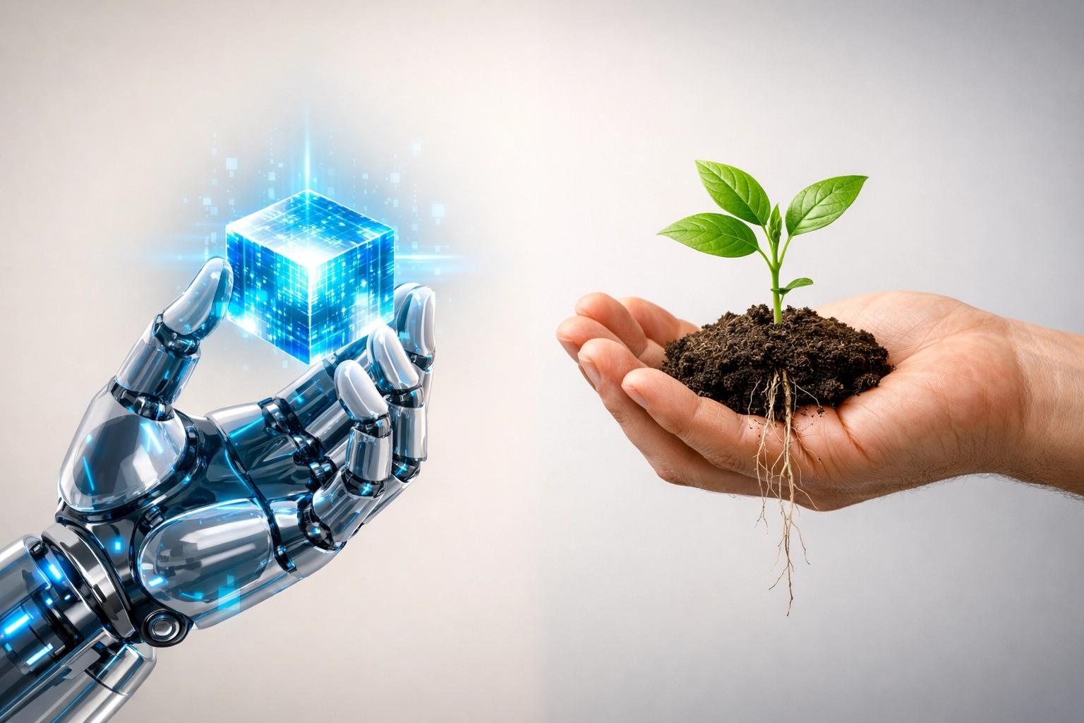 A robotic hand with a data crystal meeting a human hand holding a seedling, symbolizing AI and wisdom.