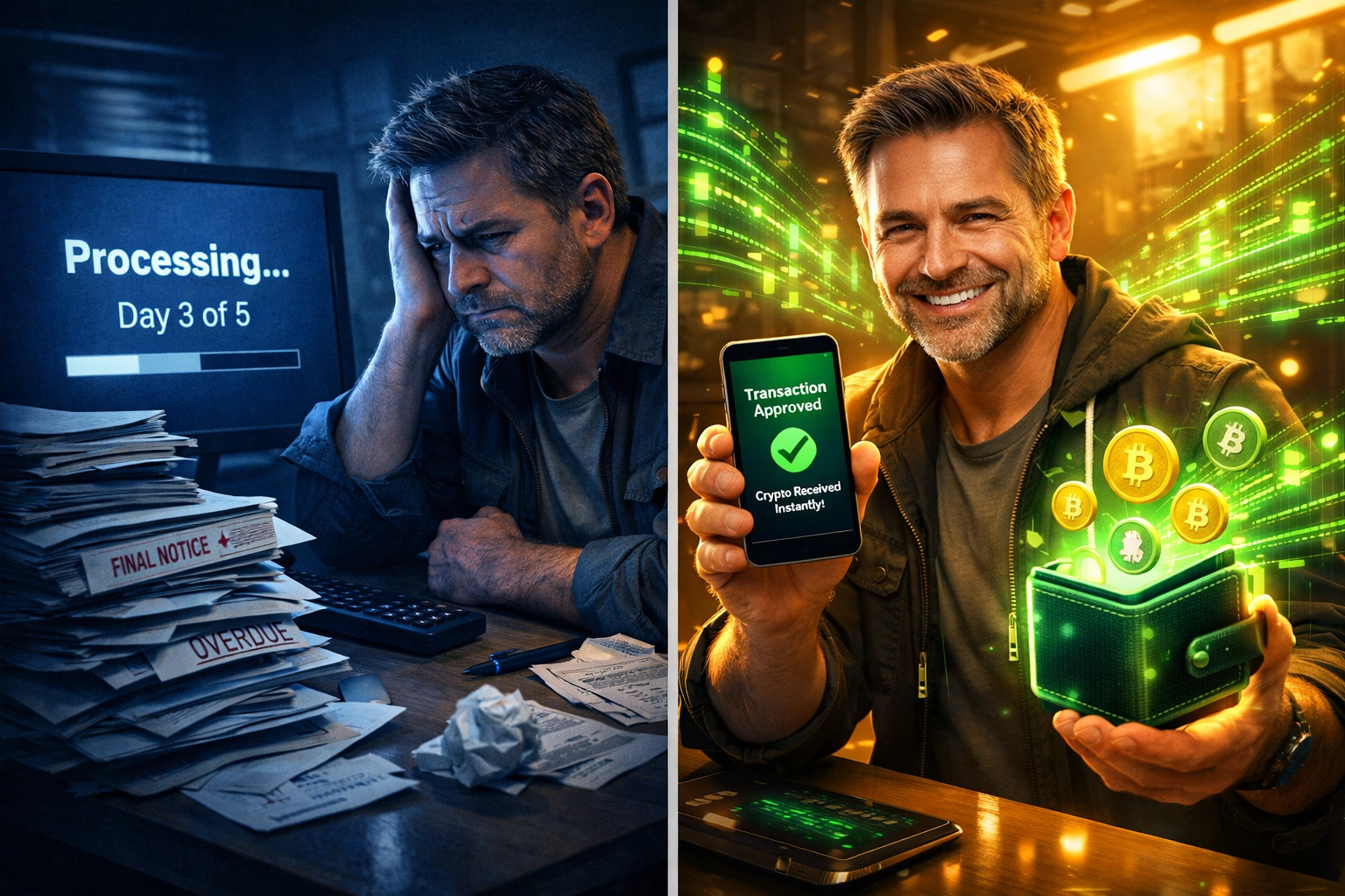 Traditional crypto gateway delays vs instant self-custody settlement for merchant payments