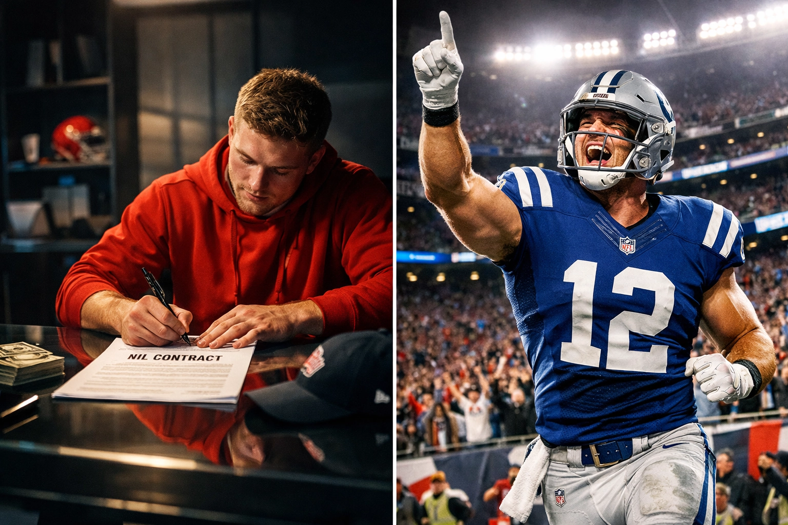 NIL athlete signing contract and celebrating NFL success journey