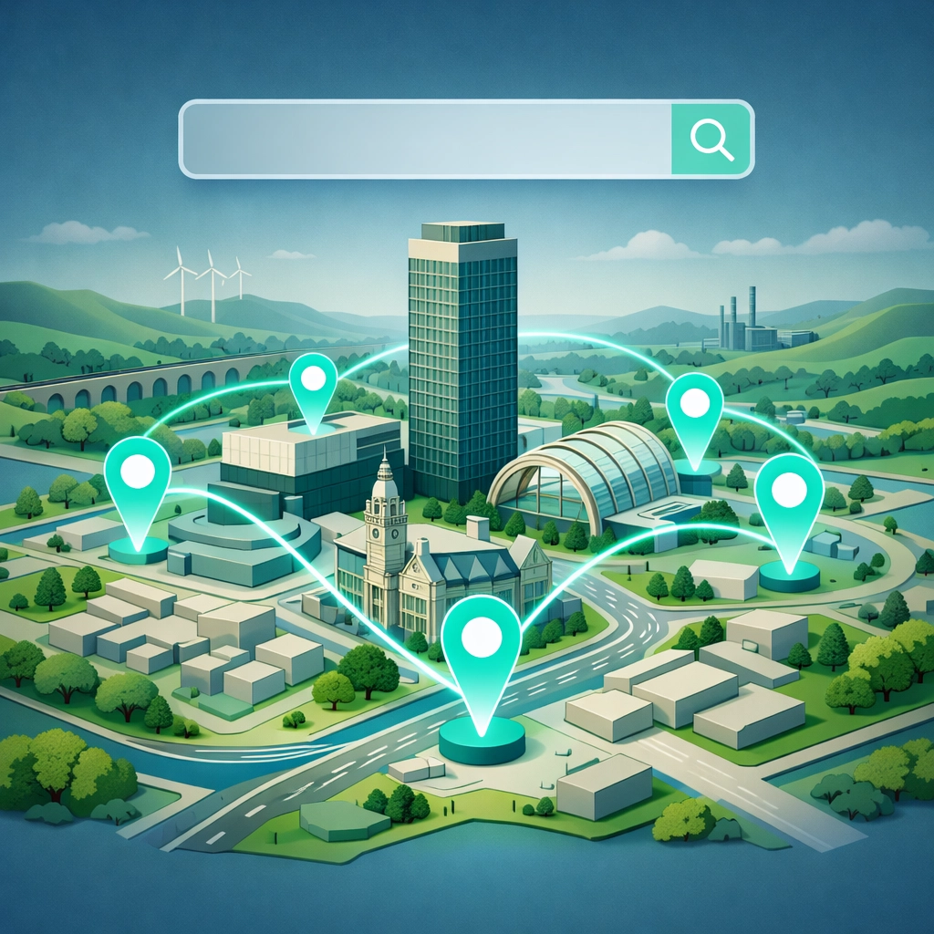 Digital map of Sheffield and South Yorkshire showing local business search pins for improved local SEO.