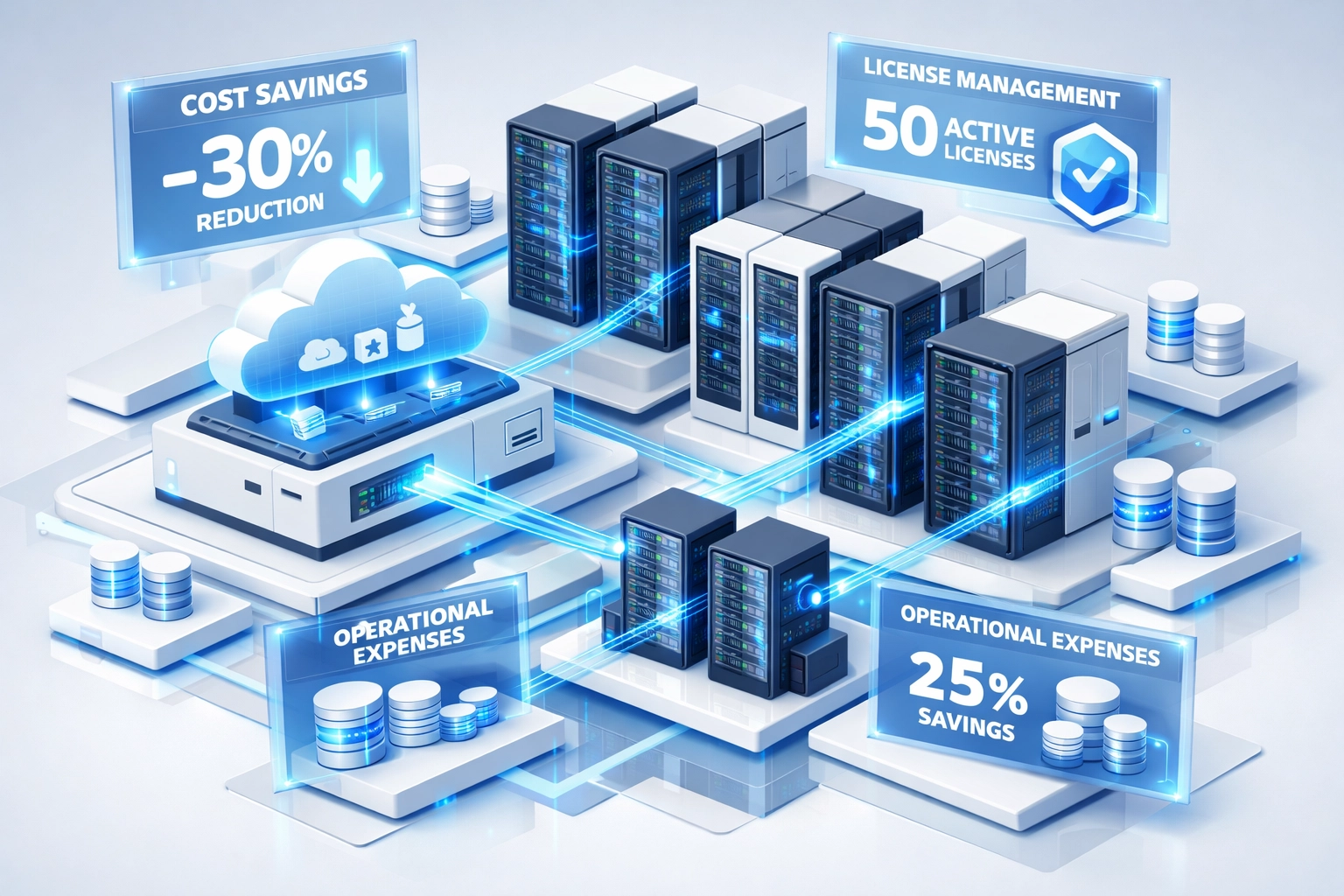 ServiceNow ITOM data center showing ITAM license optimization and cost savings metrics