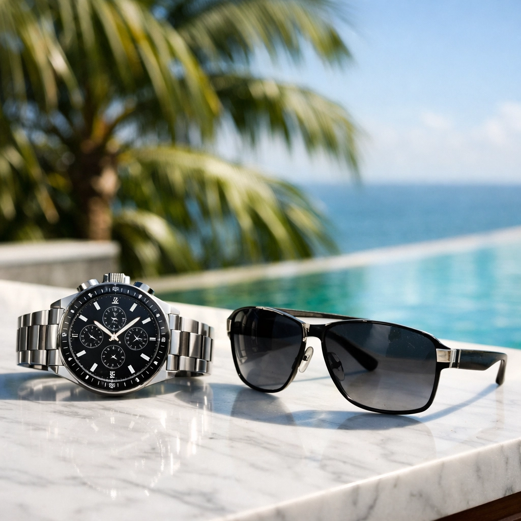 High-end product photography Miami featuring luxury accessories on a marble table with tropical palm trees.