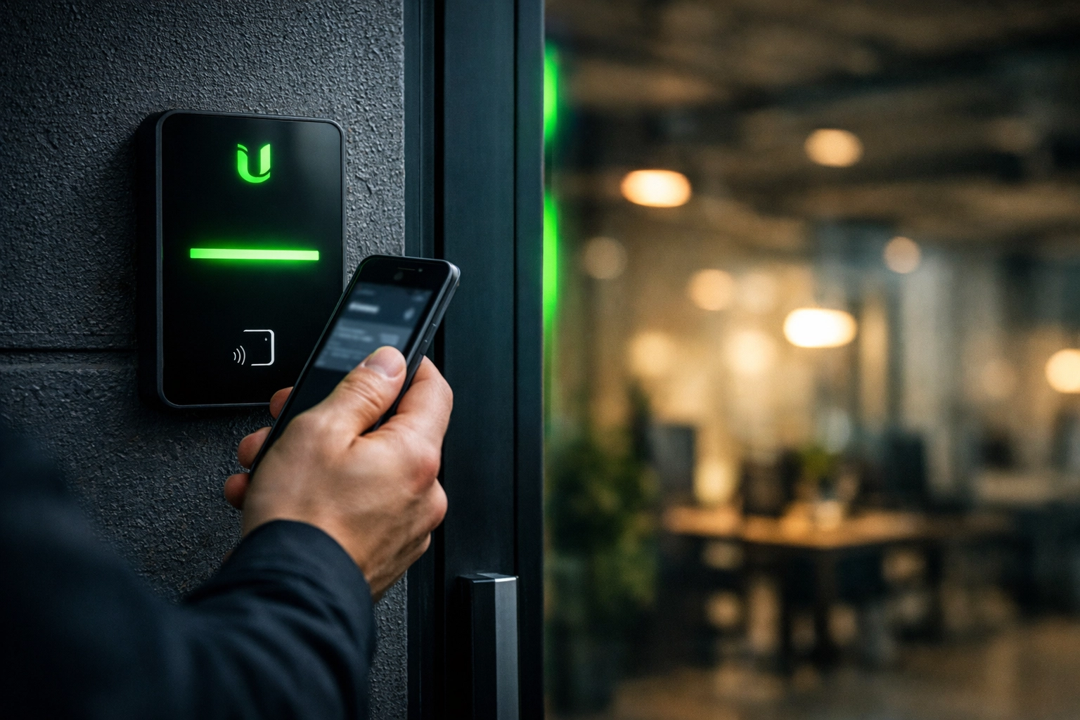 Ubiquiti UniFi Access G2 badge reader installed at a Midwest business for modern mobile access control.