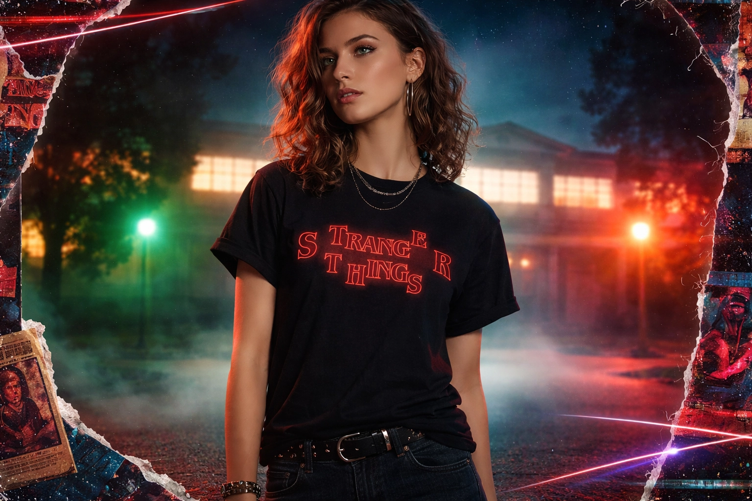 Hawkins High Stranger Things tee — lifestyle/collage shot with dark neon 80s vibe