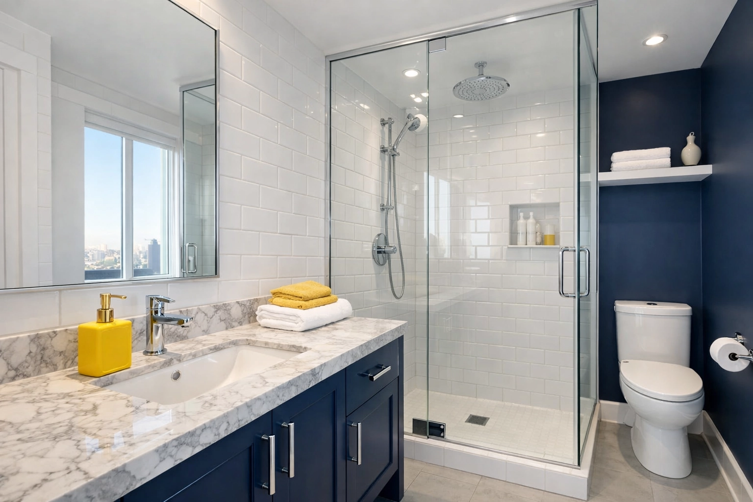 Pristine modern bathroom with white subway tiles and stone vanity, ready for move-out inspection.
