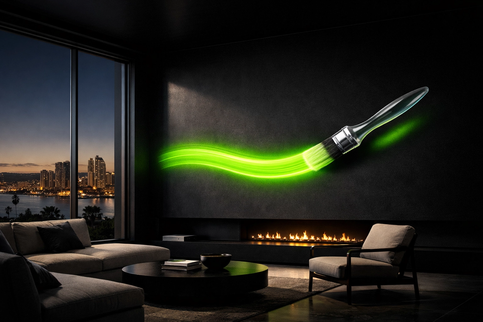 Professional painting services in San Diego represented by a precise glowing brush stroke in a modern home.