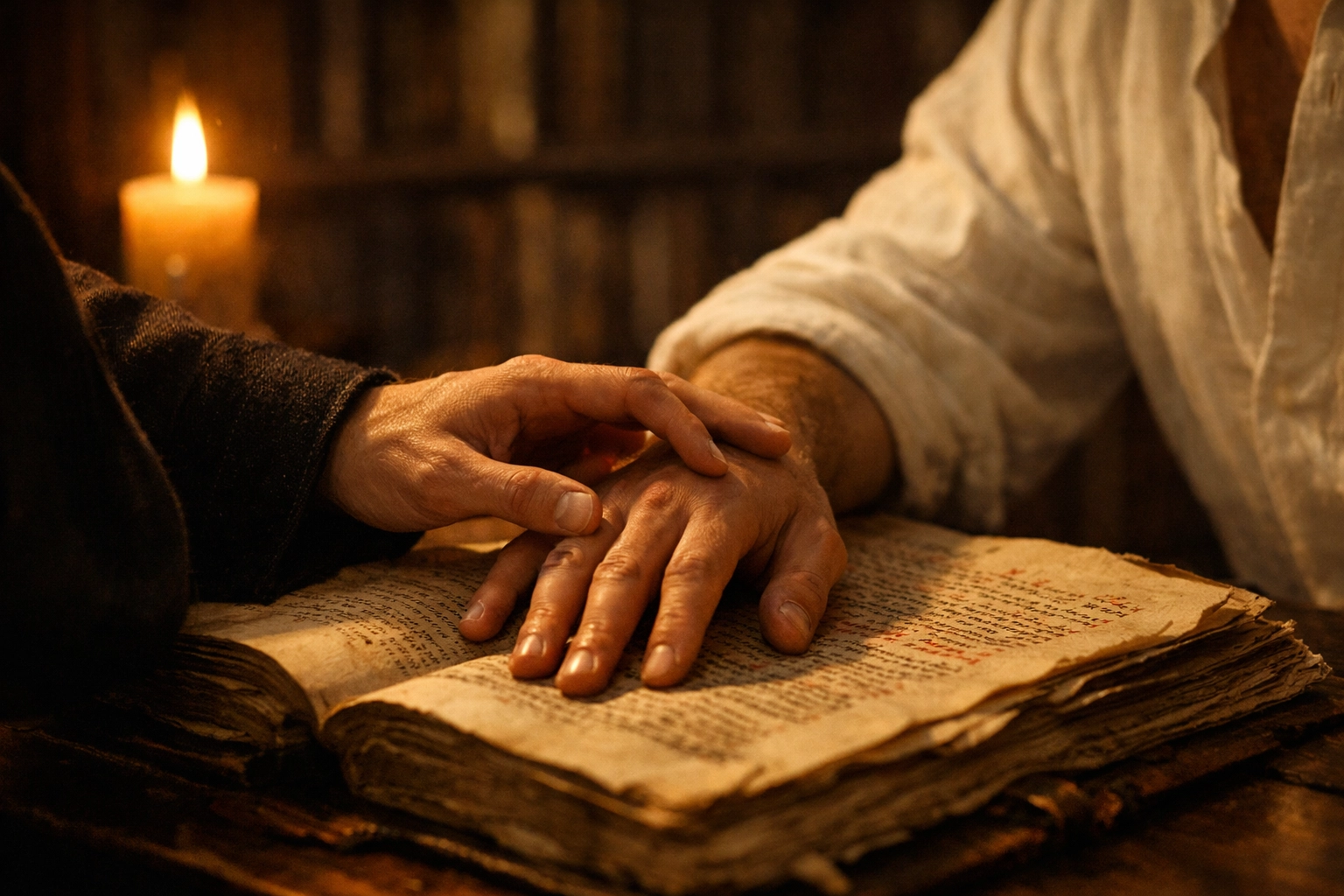 Two men's hands touching over an ancient manuscript in a candlelit library, evoking forbidden MM historical romance.