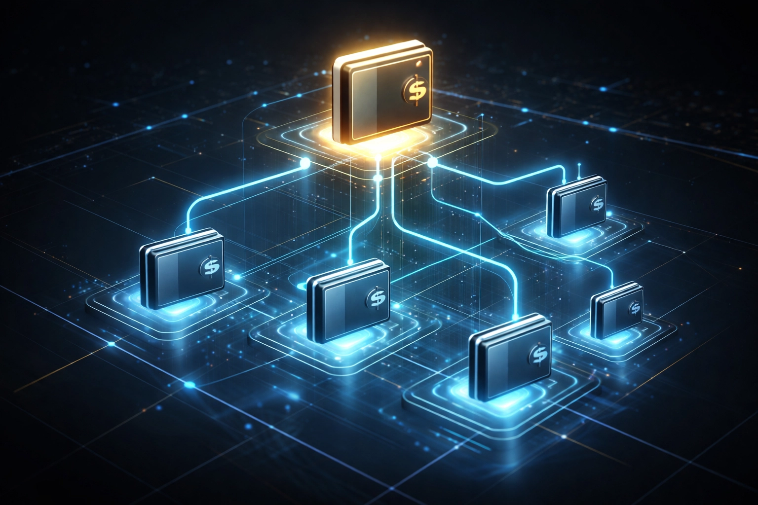 Master and sub-wallet hierarchy dashboard for self-custody crypto payment management across multiple merchant locations