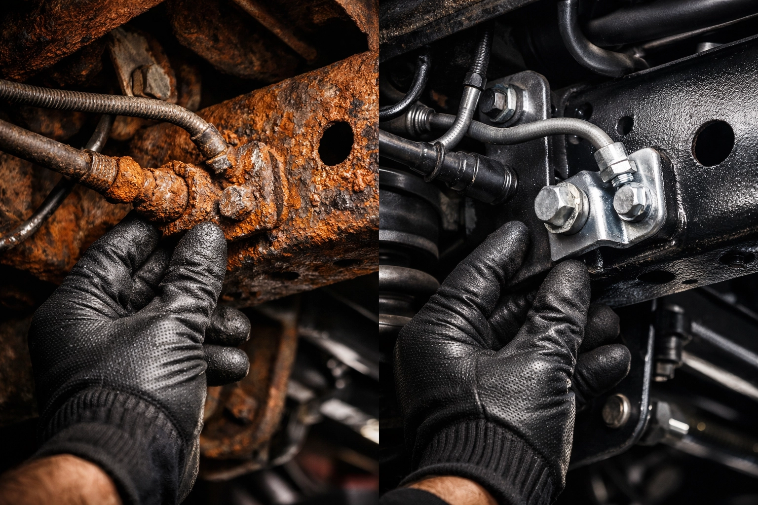 Technician inspecting vehicle brake lines and suspension for rust damage and safety