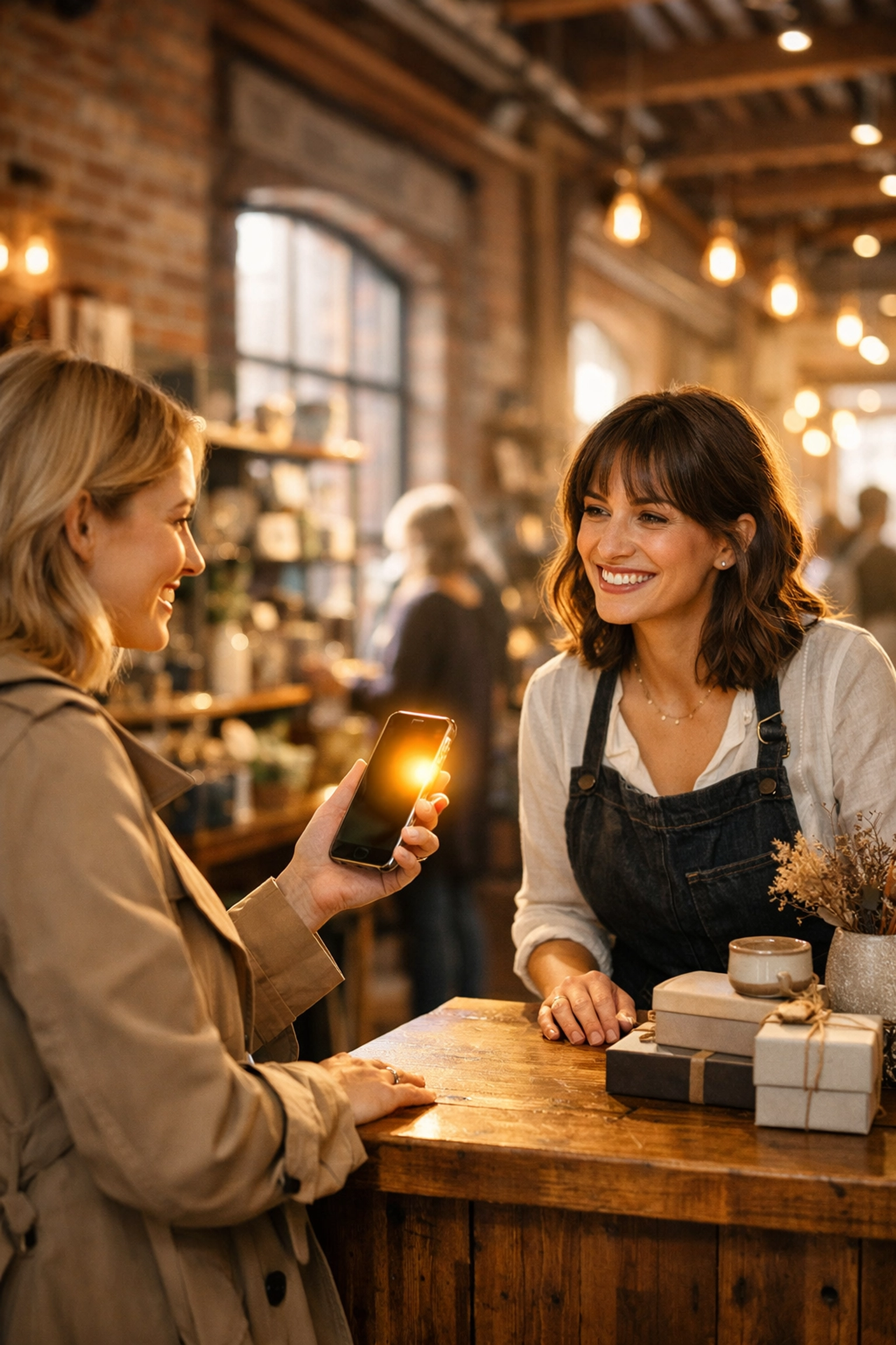 A Toronto business owner receiving a positive Google review from a happy customer in a local boutique.