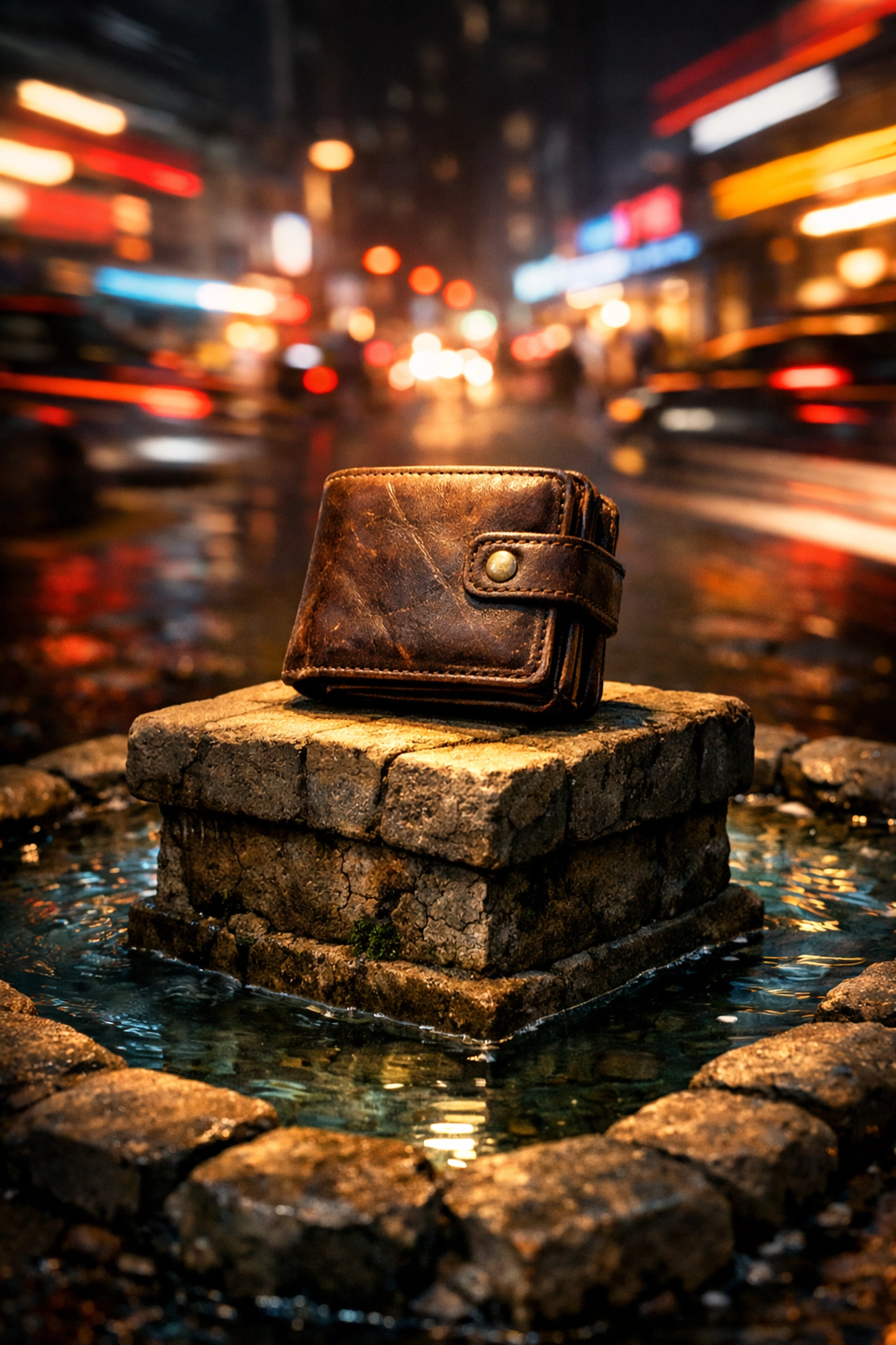 A wallet on a pedestal protected by a water moat, symbolizing a defensive finance strategy in a volatile economy.