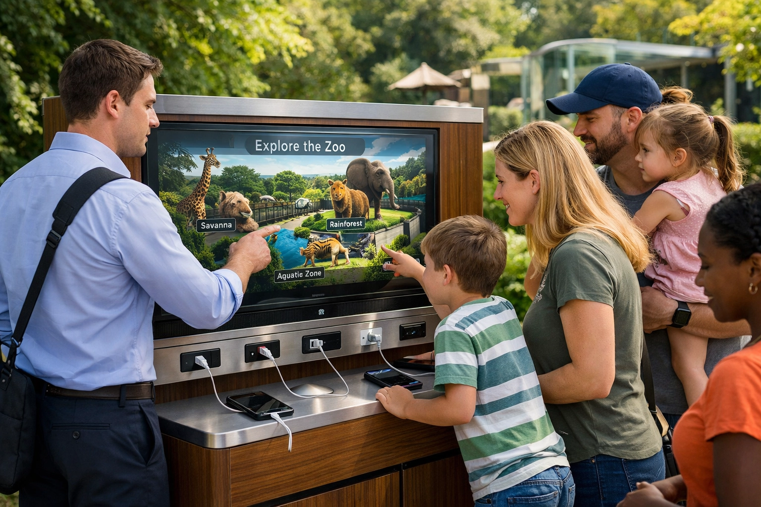 Interactive zoo sponsorship brand activation booth with digital displays and visitor charging stations.