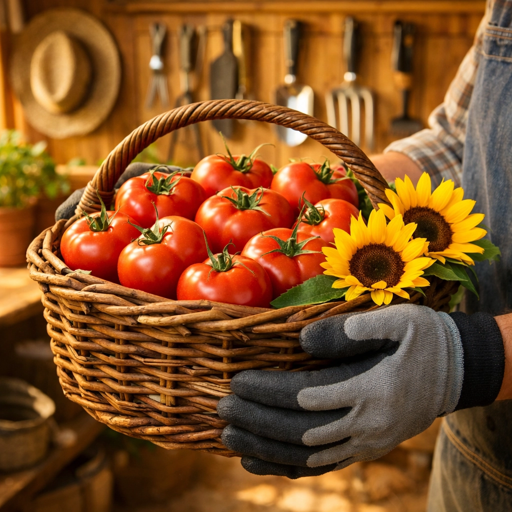 Gardener wearing protective rubberized gloves holding a basket of fresh tomatoes next to an organized tool shed.