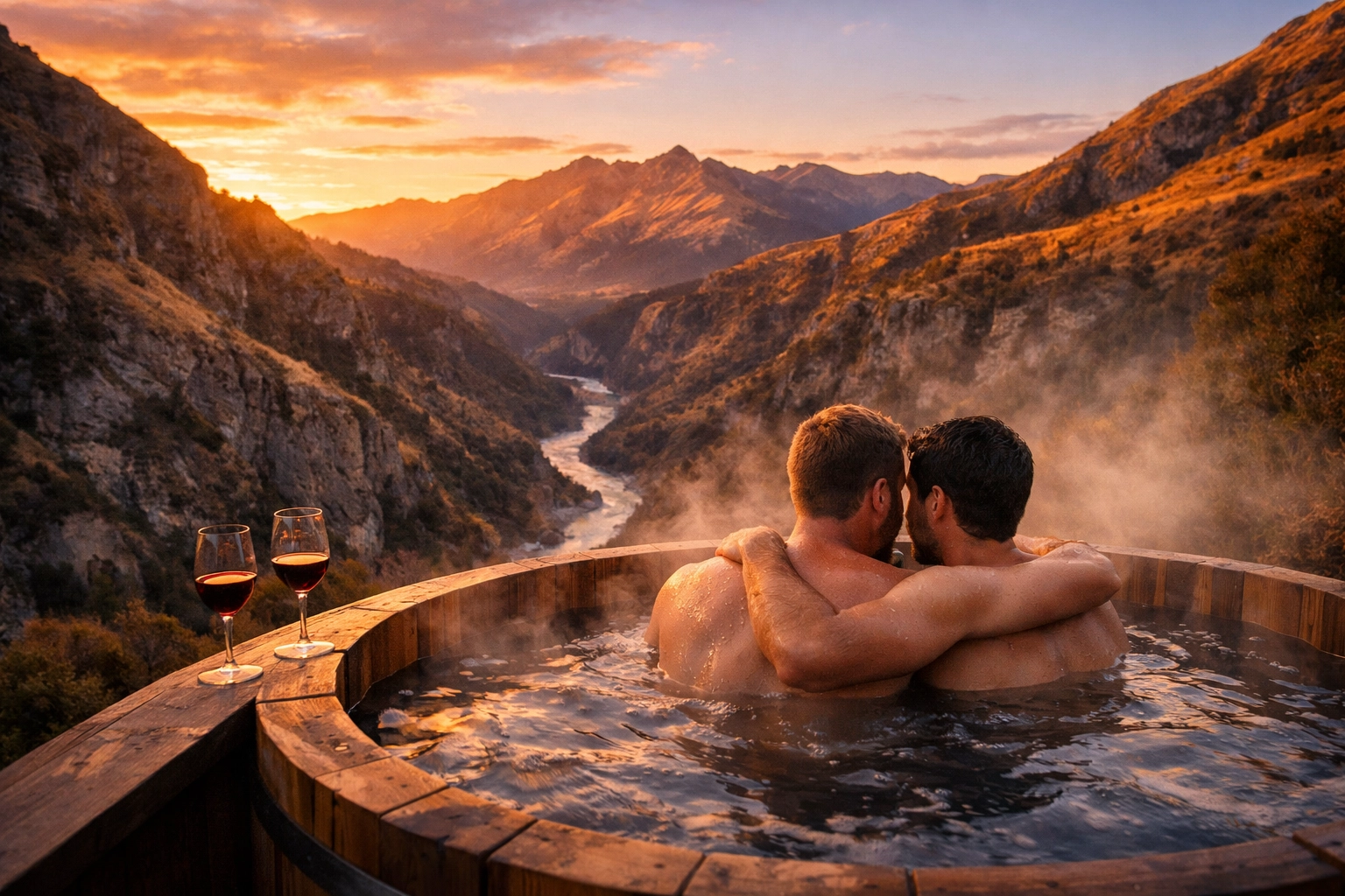 LGBTQ+ honeymoon couple relaxing in private hot tub overlooking Queenstown canyon at sunset