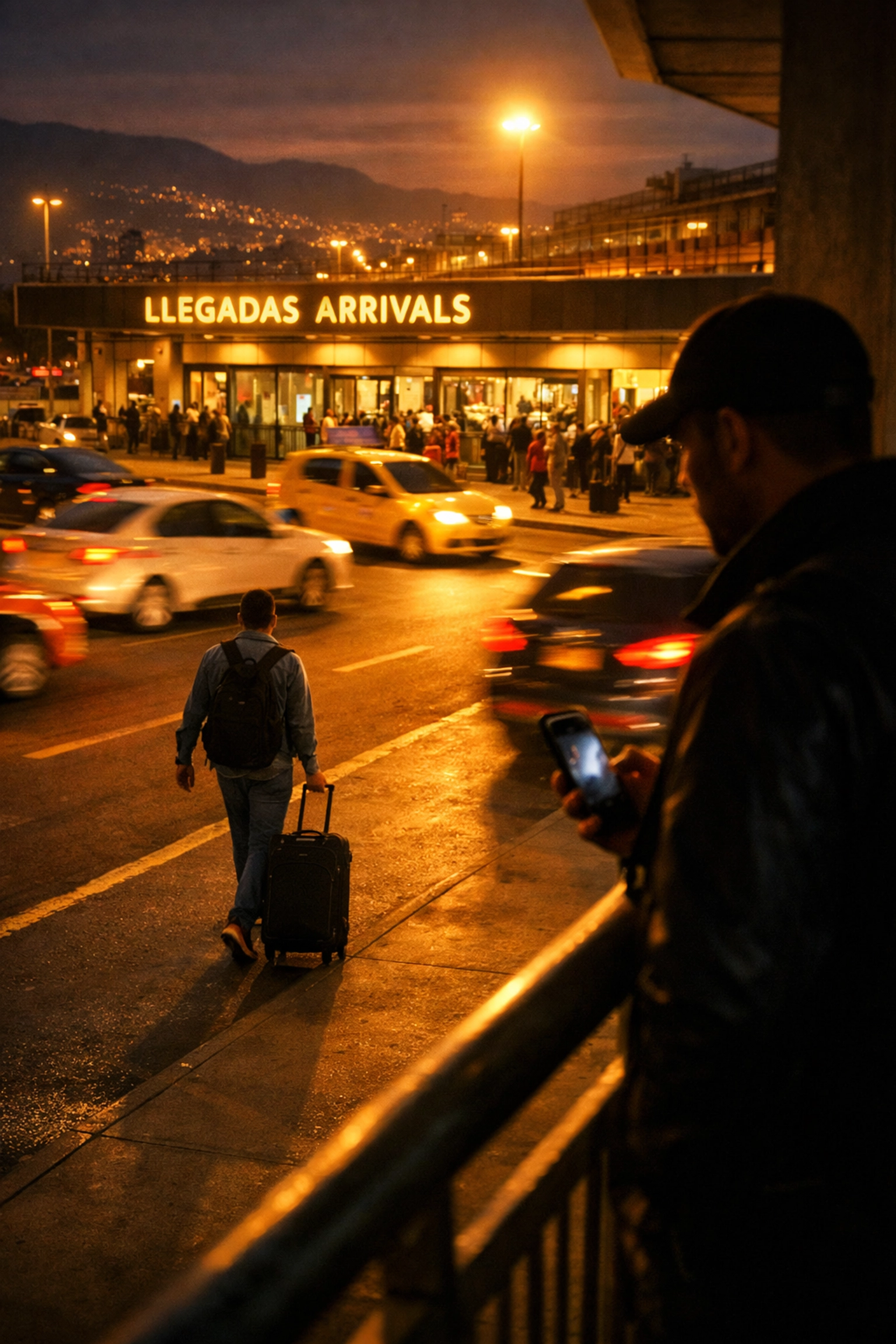 Traveler at Medellin airport pickup zone being surveilled by potential security threat