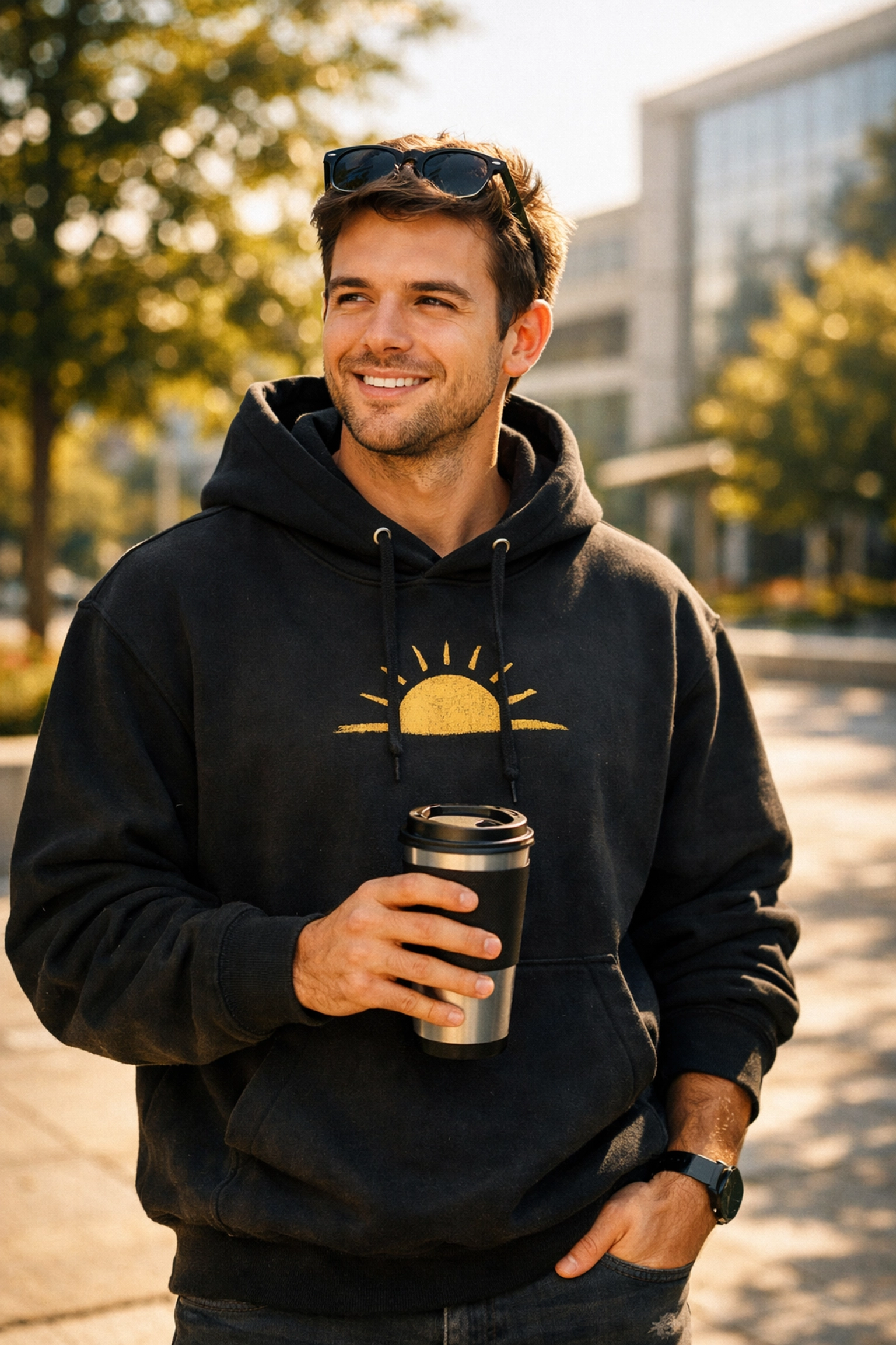 Camp alumnus wearing a premium limited edition black hoodie in a stylish urban setting.
