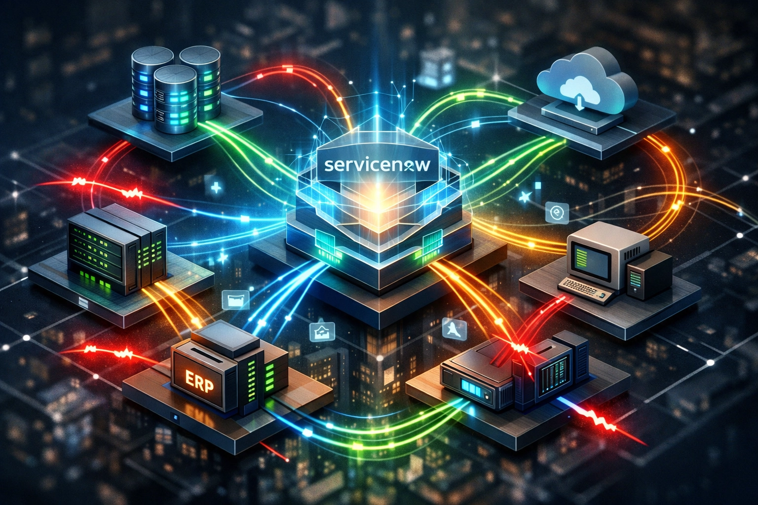 ServiceNow ITOM integration architecture connecting enterprise systems and legacy applications