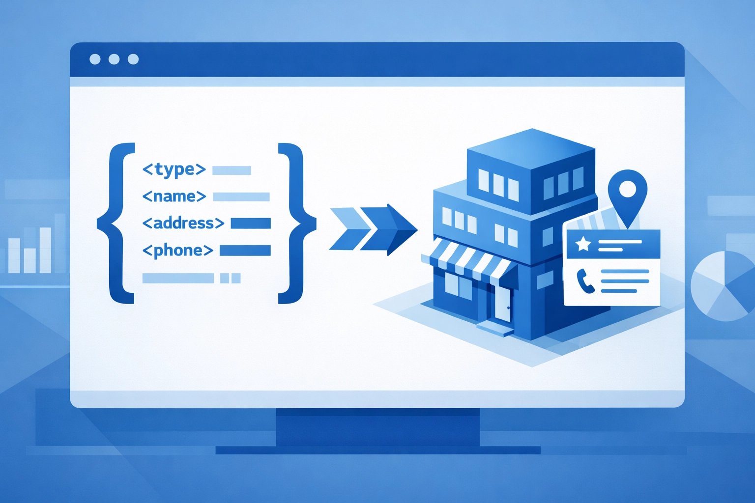 Structured data brackets showing local business schema markup for search engines