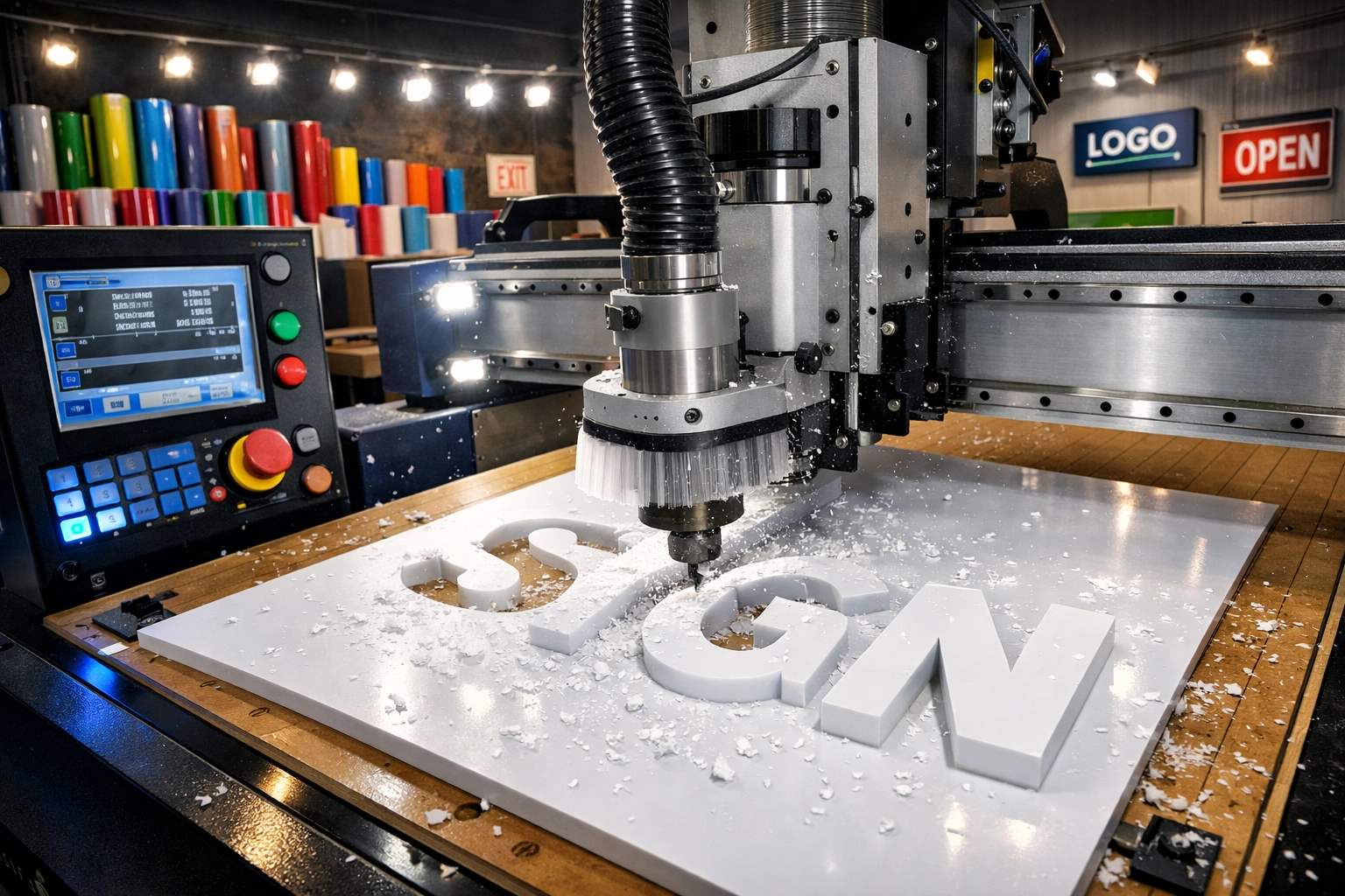 CNC router cutting dimensional letters for custom building signs at local Kona shop