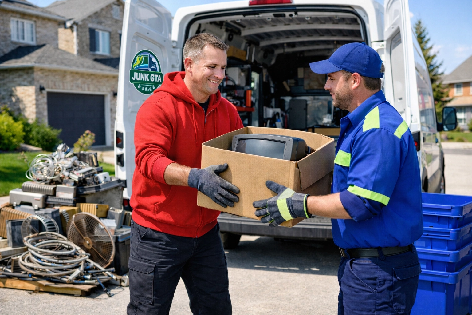 Professional junk removal team in Vaughan sorting E-waste and recyclables for eco-friendly disposal.