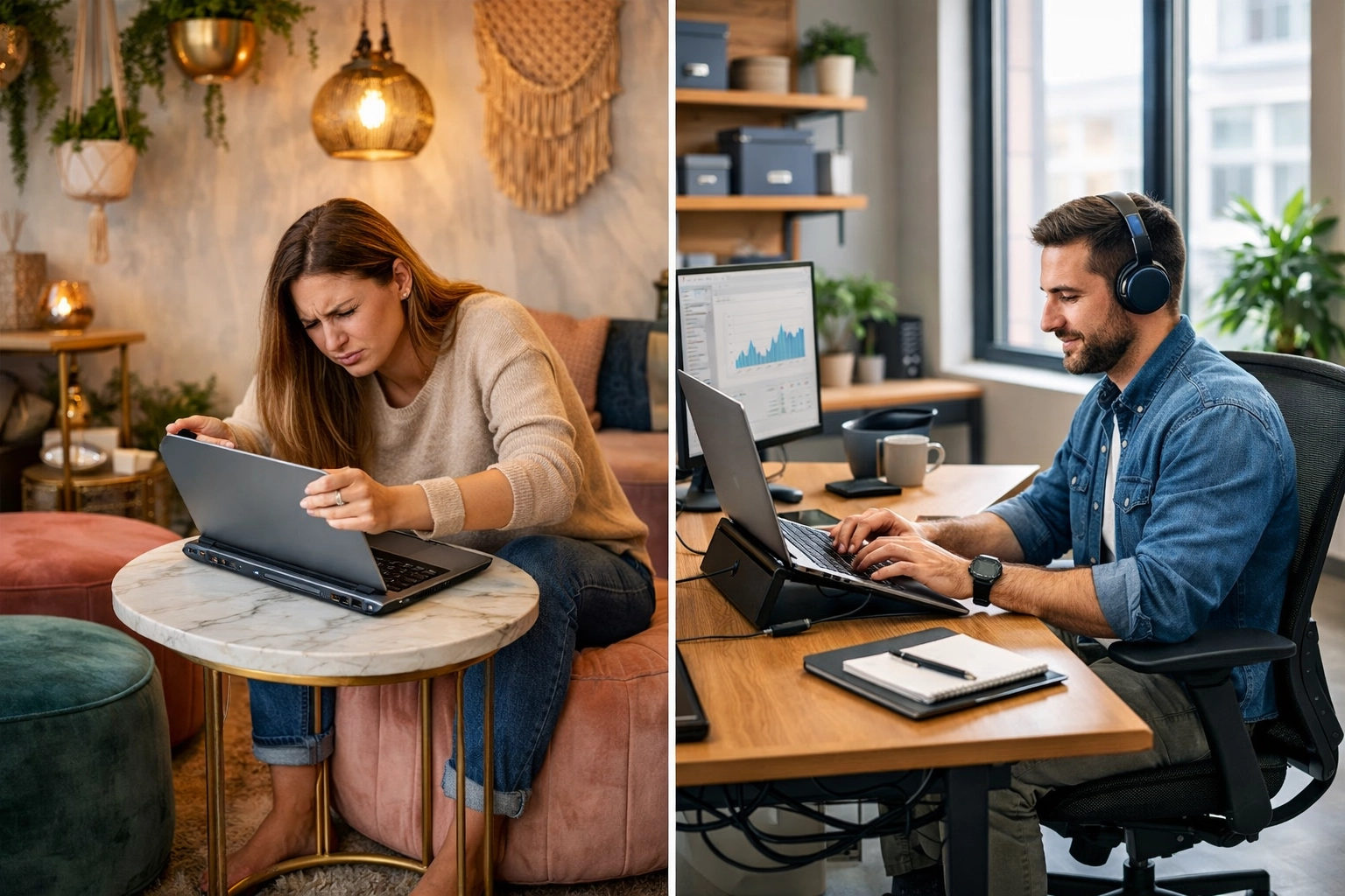 Stylish but impractical office furniture compared to functional ergonomic workspace design