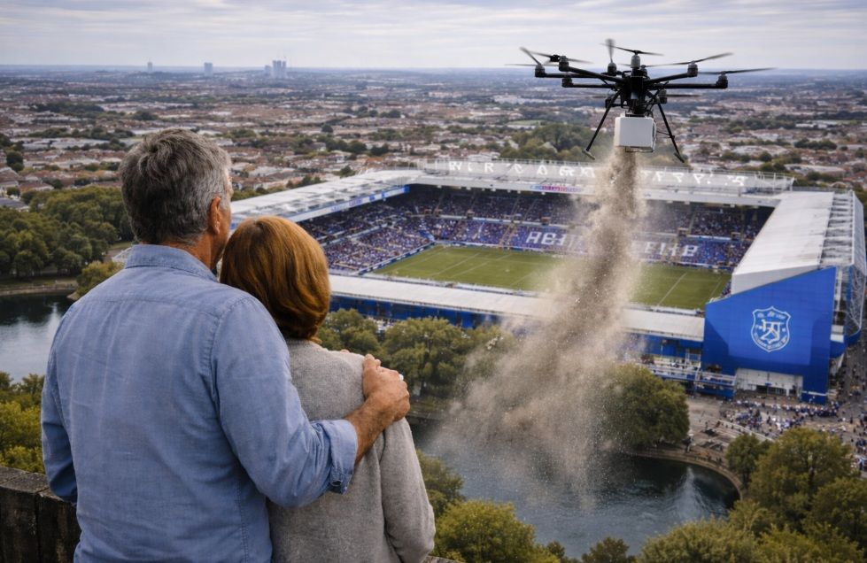A couple embraces while watching a drone scatter cremated ashes over a large football stadium