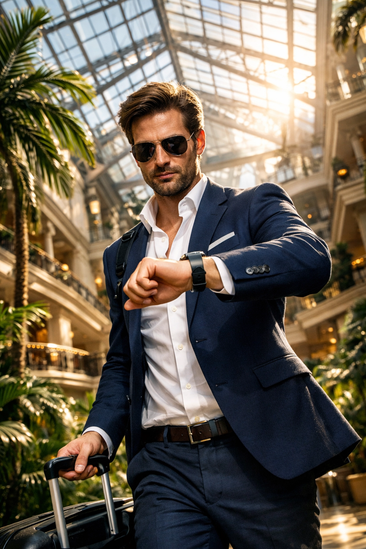 Business traveler checking a smartwatch in a luxury Las Vegas hotel to stay on local time.