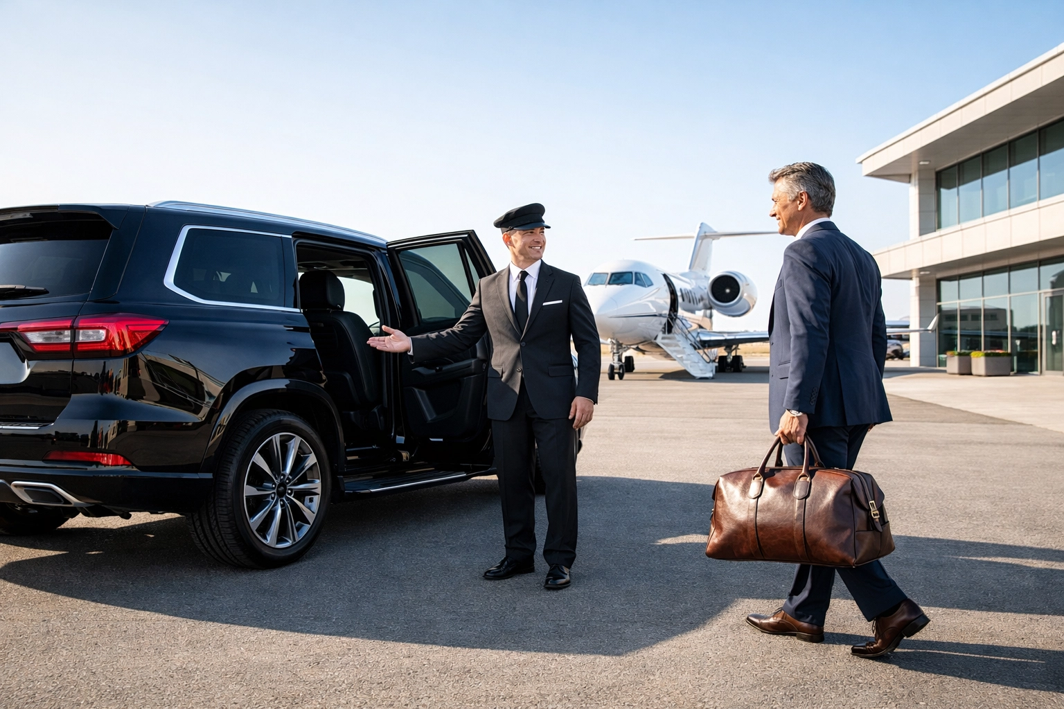 Luxury SUV airport transfer for corporate executives attending a Super Bowl VIP networking event.