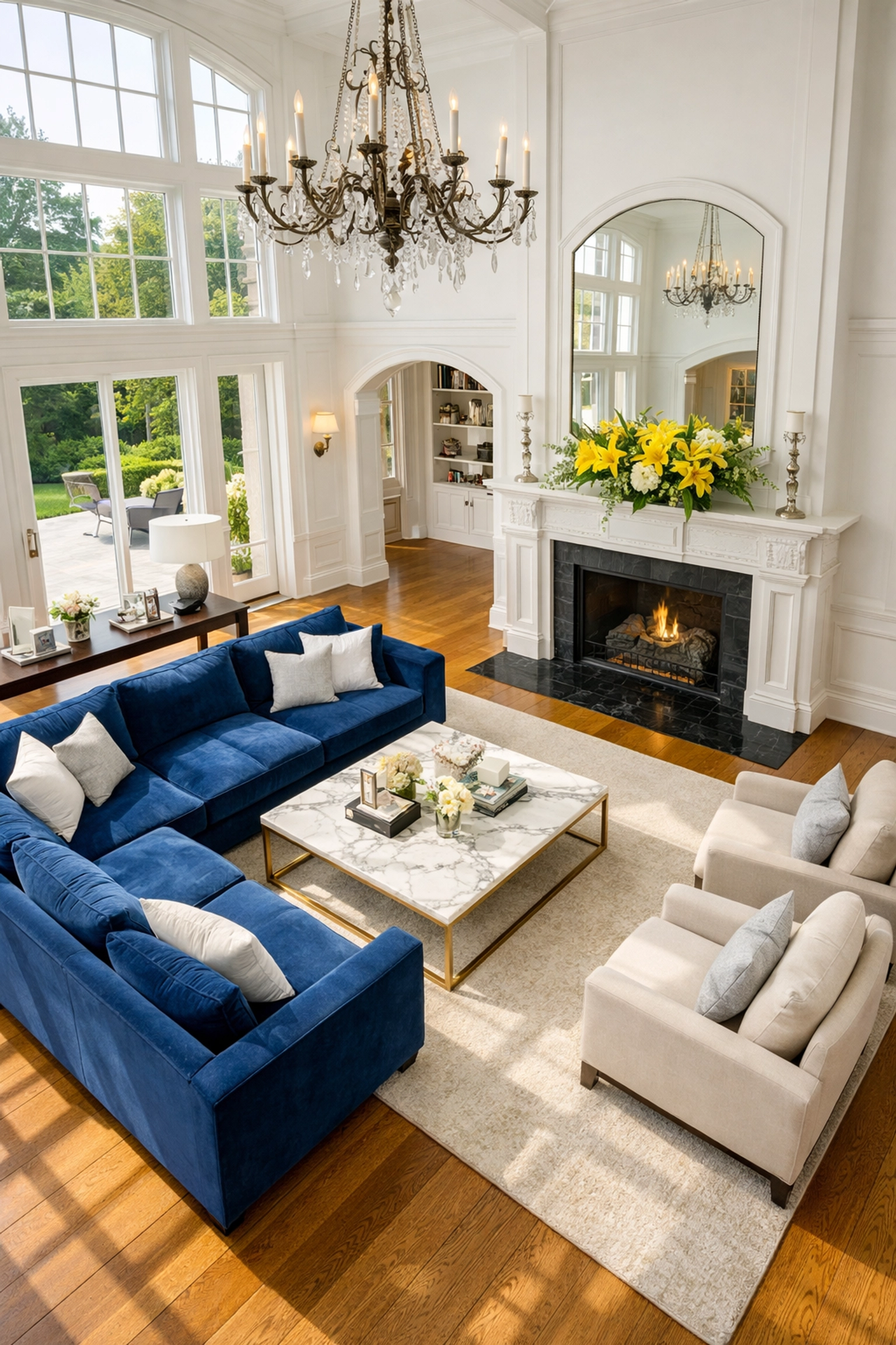 Sun-drenched Dover estate living room with pristine floors after professional residential cleaning Massachusetts.