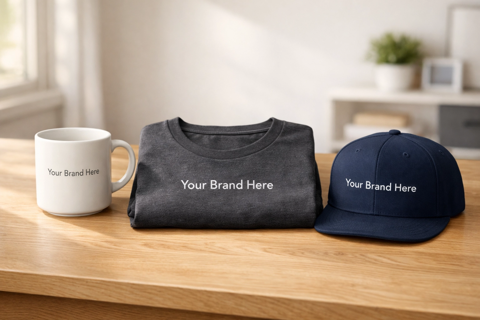 Custom promotional items including a branded mug, t-shirt, and hat featuring Your Brand Here text.